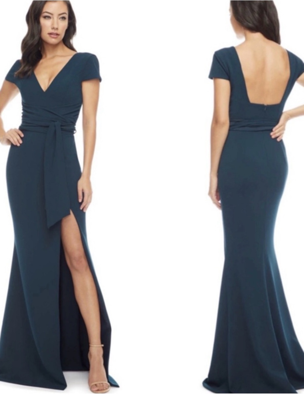 Dress the Population Teal V-Neck Cap Sleeve Maxi Gown with Sash